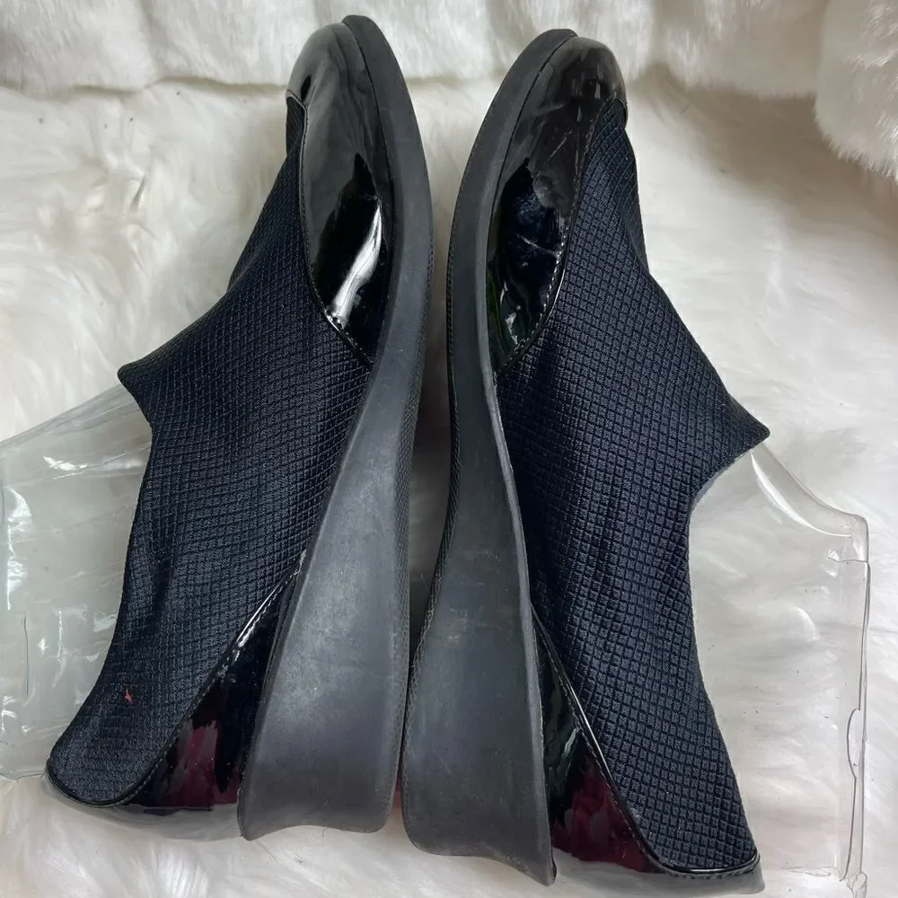 Abella Tiressa black patent and nylon wedge slip on rubber soles size 10